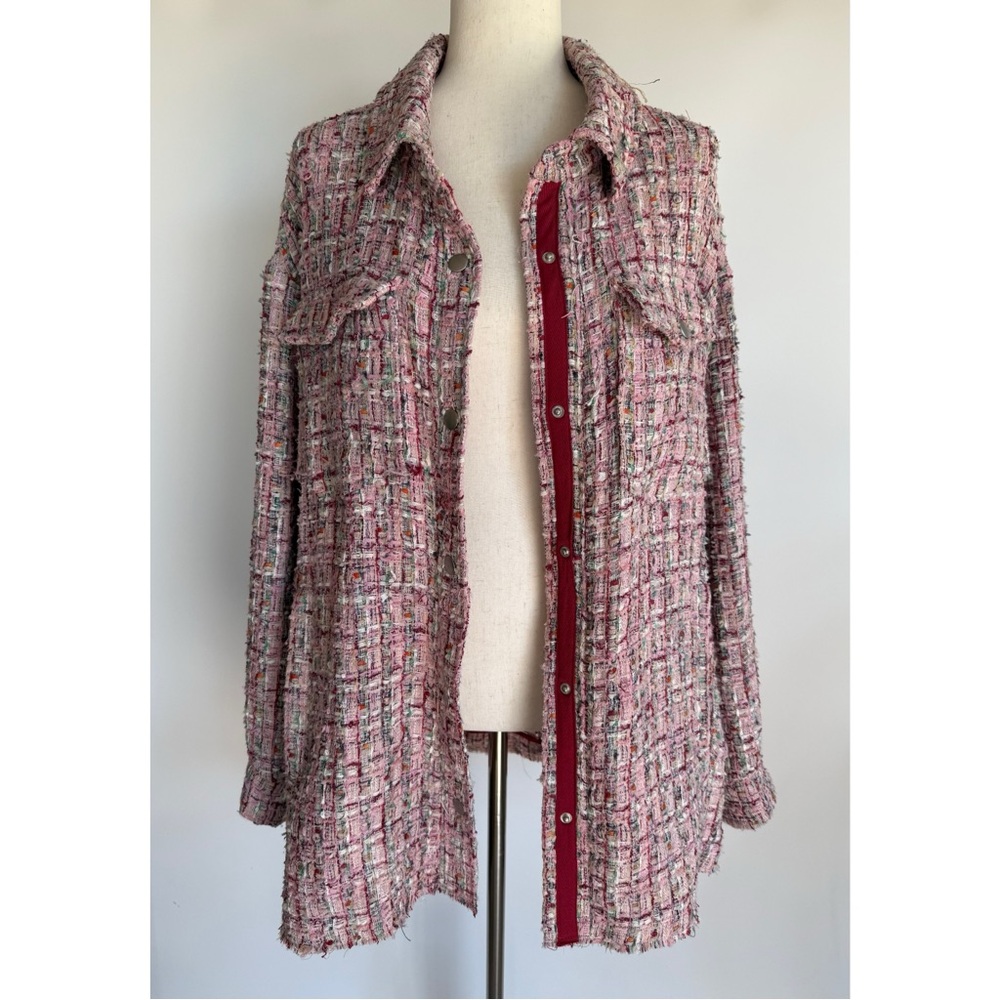 Avec Les Filles Women's Relaxed Tweed Shirt Jacket Size XL Pink